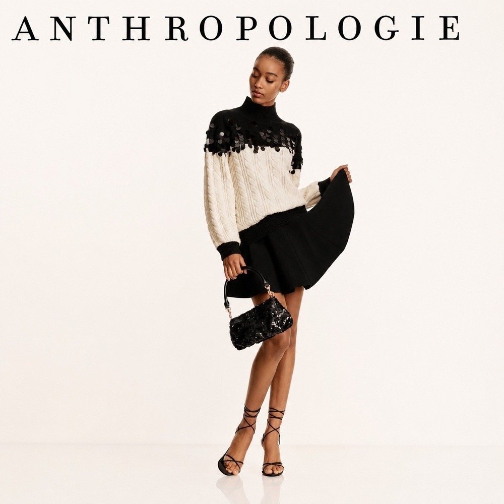 Anthropologie Maeve Black and Cream Heart Sequin Cable Knit Sweater XL